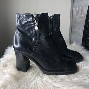 Gianni Bravo vintage 90s black leather square toe ankle chunky heel boots Italy